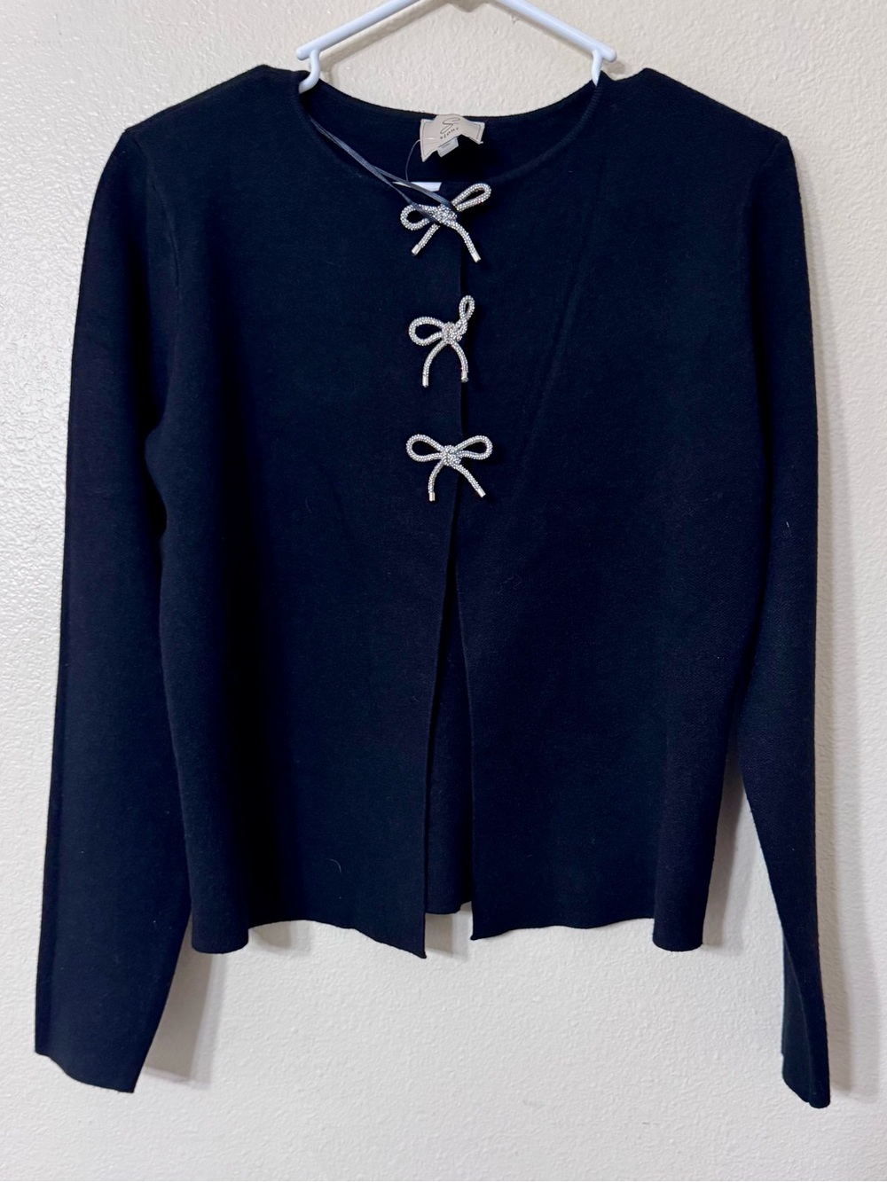 NWT Sioni XS Black Rhinestone Bow Closure Knit Cardigan